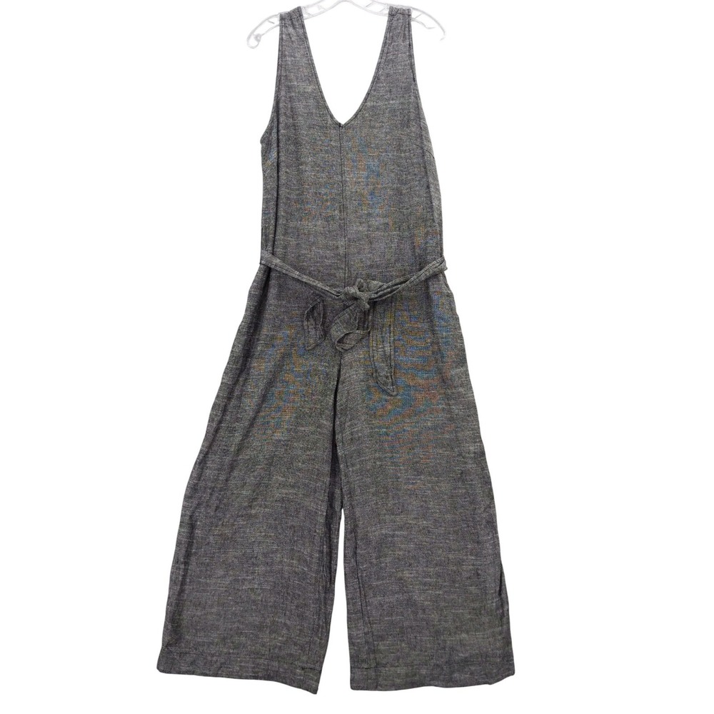 Max Studio Wide Leg Jumpsuit with Belt Pockets Linen Blend Gray Size L